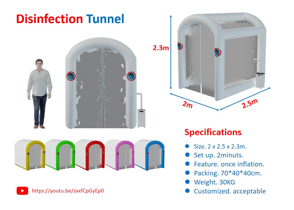 During the coronavirus pandemic outbreak, to keep our safety in public places, The most effective way is to kill those invisible viruses that are attached to us. Inflatable disinfection tunnel is the best choice, portable, easy to set up, efficient antivirus and no dead ends. Make sure everyone who enters a public place is safe, and the clothes are virus-free. Applicable scene: Subway, bus station, office building, hotel, supermarket, comprehensive Plaza, hospital, school etc.